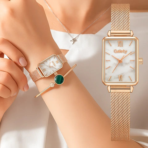 Reloj blanco mármol en rose-gold + pulsera coordinada