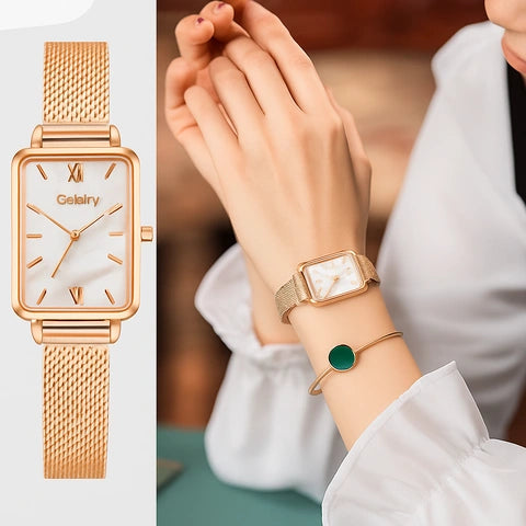 Reloj blanco mármol en rose-gold + pulsera coordinada