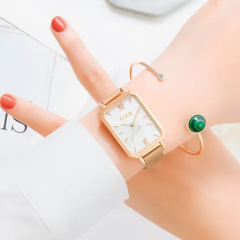 Reloj blanco mármol en rose-gold + pulsera coordinada