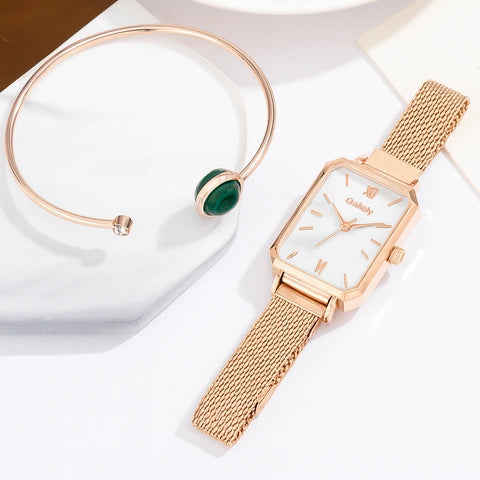 Reloj blanco mármol en rose-gold + pulsera coordinada